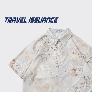TRAVEL ISSUANCE 等花盛放 国潮牌花卉满印翻领宽松情侣短袖衬衫