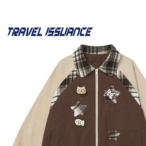 星星猫咪格纹宽松夹克外套女BF