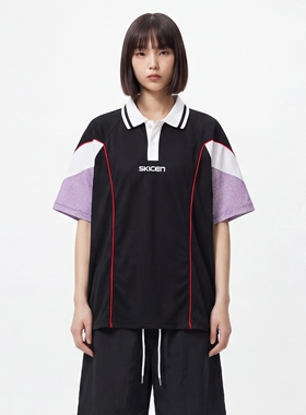 TRAVEL ISSUANCE SKICEN字母 印花撞色拼接宽松翻领短袖男女同款