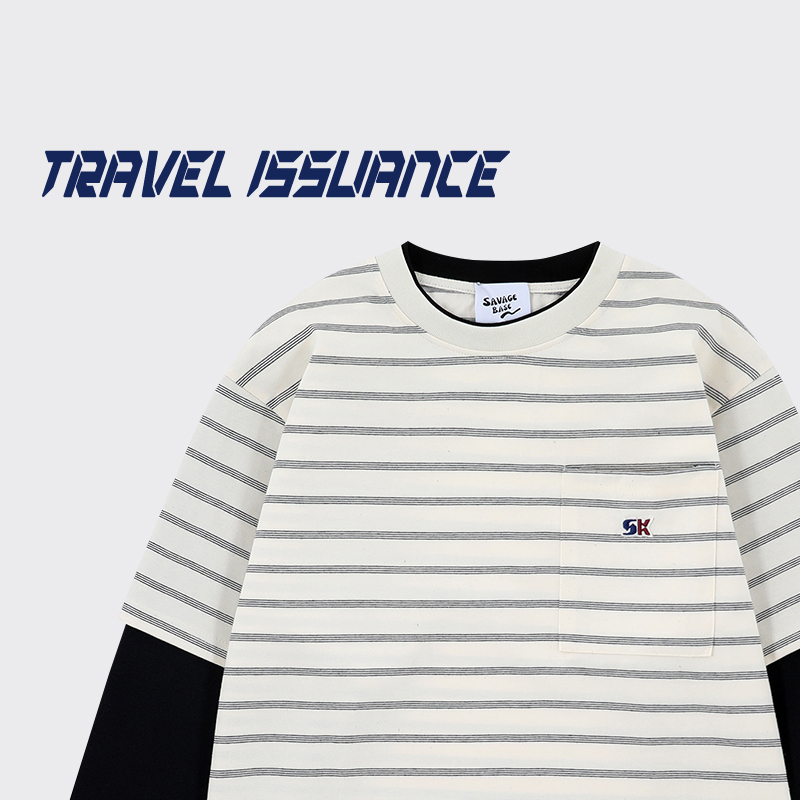 休闲拼接条纹vintage宽松长袖T恤