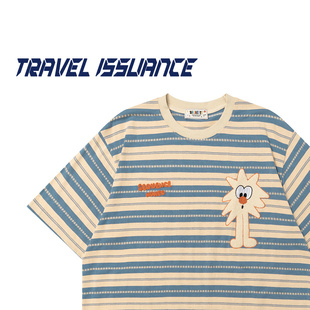TRAVEL ISSUANCE 没有名字 日系条纹圆领可爱百搭宽松情侣短袖T恤