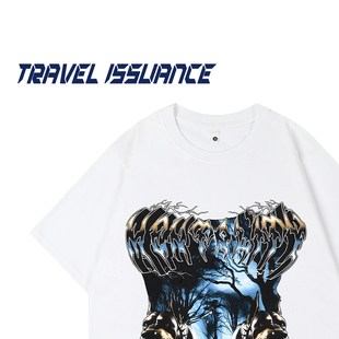 TRAVEL ISSUANCE 生气时刻 街头复古创意字母印花宽松圆领短袖T恤