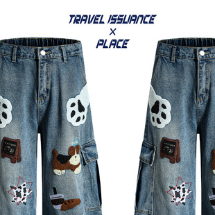 TRAVEL ISSUANCE 小心试探 复古卡通刺绣宽松休闲阔腿牛仔裤女潮