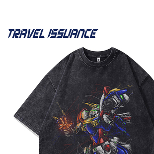 TRAVEL ISSUANCE 节奏放慢 痞帅洗水卡通动漫印花宽松圆领短袖T恤