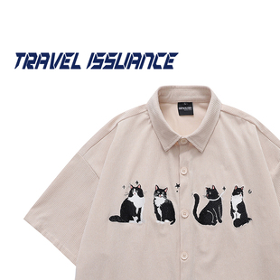 TRAVEL ISSUANCE 可爱奶牛猫 夏季刺绣古着感vintage宽松短袖衬衫