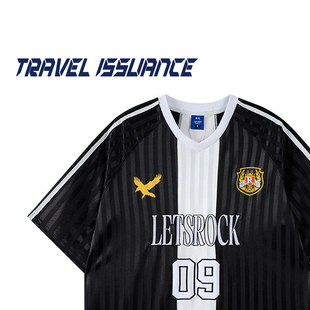 TRAVEL ISSUANCE 奔赴所喜 美式复古运动宽松条纹字母短袖T恤百搭