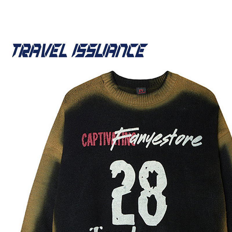 字母提花宽松圆领男女破洞毛衣BF