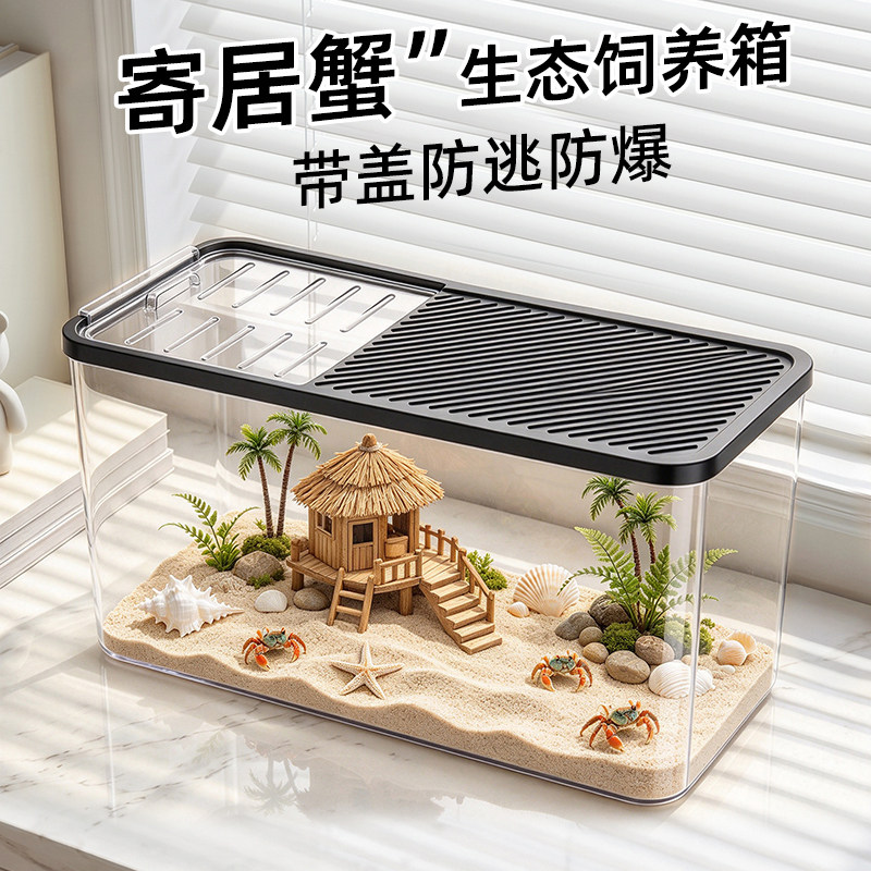 带盖鱼缸客厅小型观赏缸桌面缸寄居蟹乌龟饲养缸透明爬宠箱混合缸