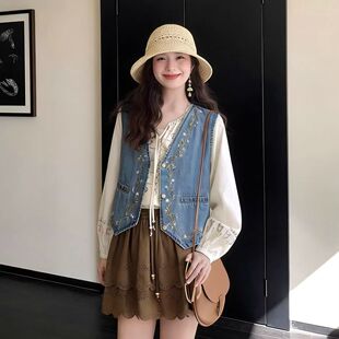 新款 设计感叠穿百搭坎肩上衣 重工刺绣复古牛仔马甲外套女春季 韩版