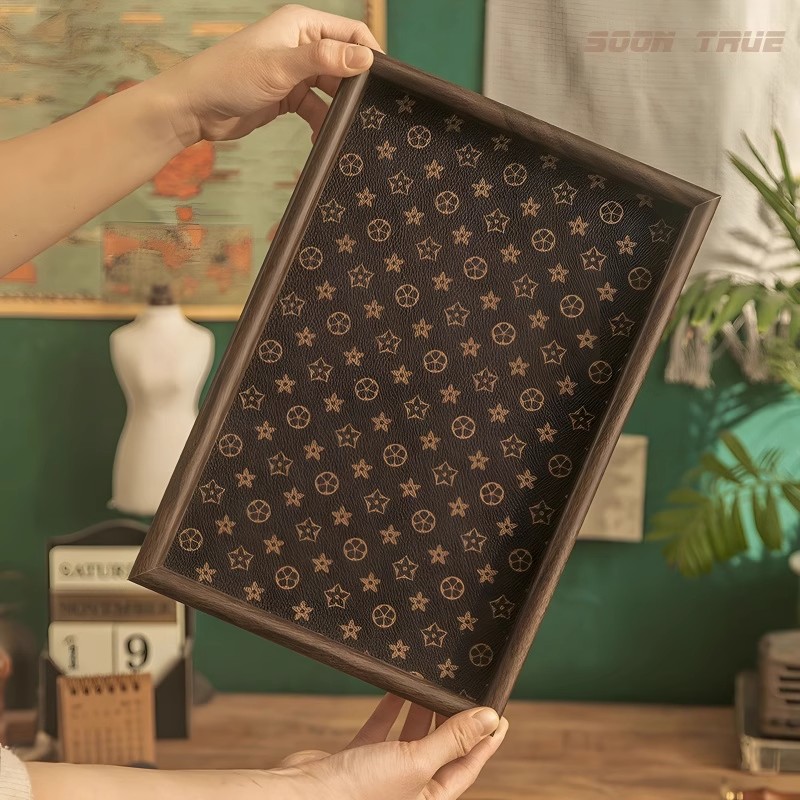 中古复古长方形桌面首饰摆件钥匙玄关收纳盒轻奢皮革茶盘托盘家用