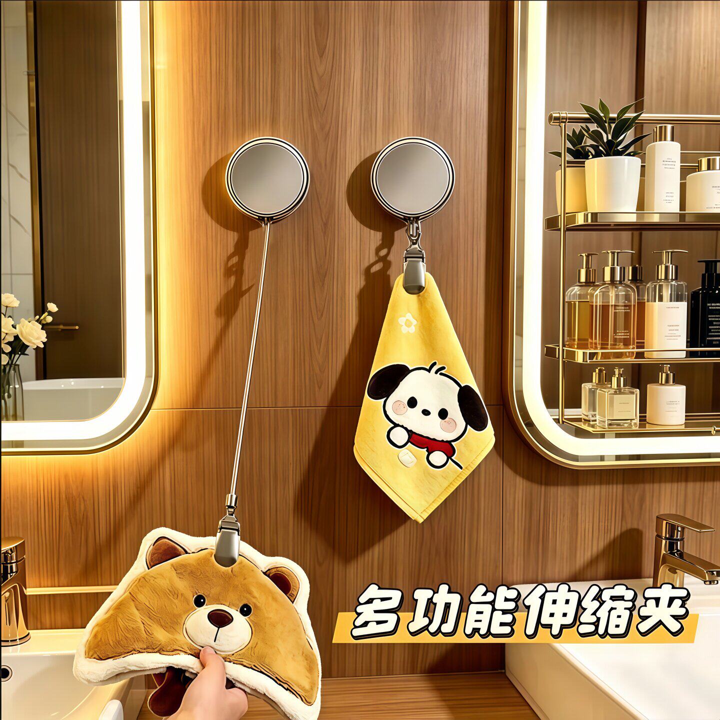 伸缩毛巾挂钩手动回弹毛巾夹免打孔儿童擦手巾易拉绳吊钩固定挂扣