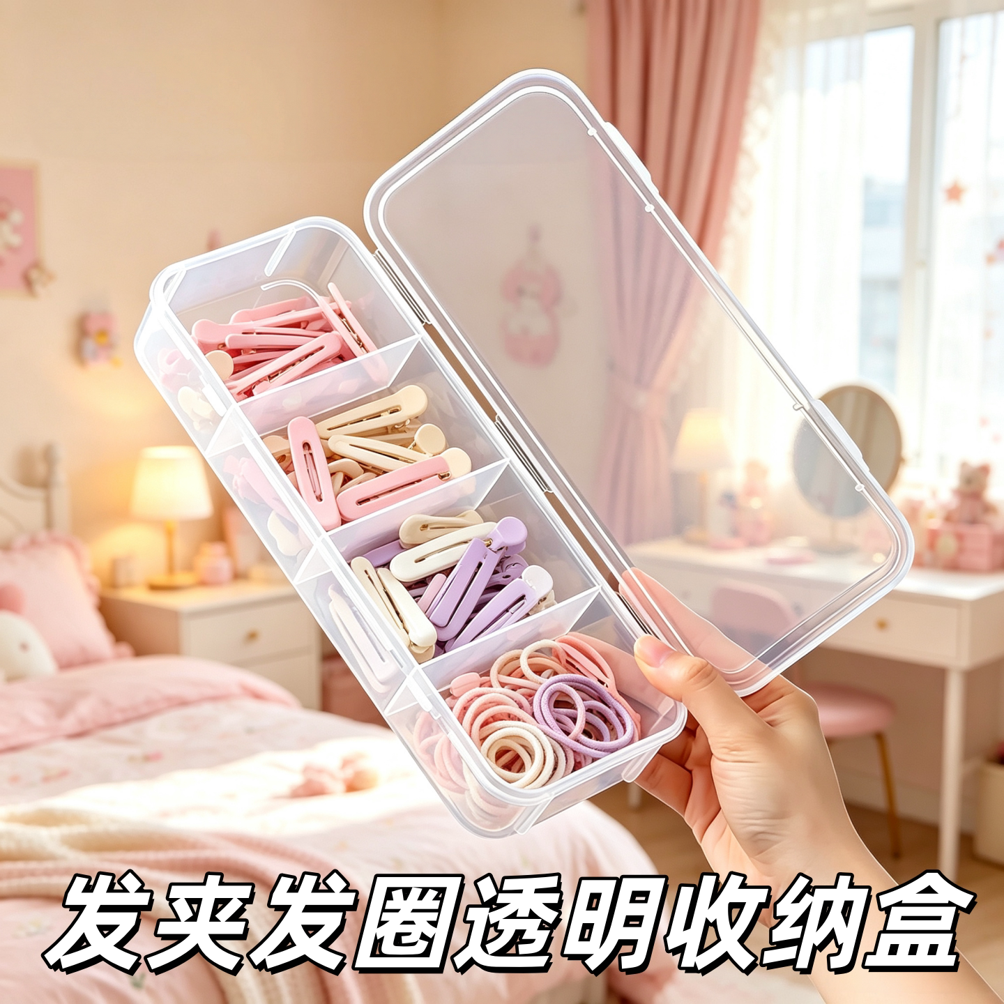 透明分格发饰收纳盒防漏防丢皮筋发夹整理盒便携跟妆工具盒首饰盒
