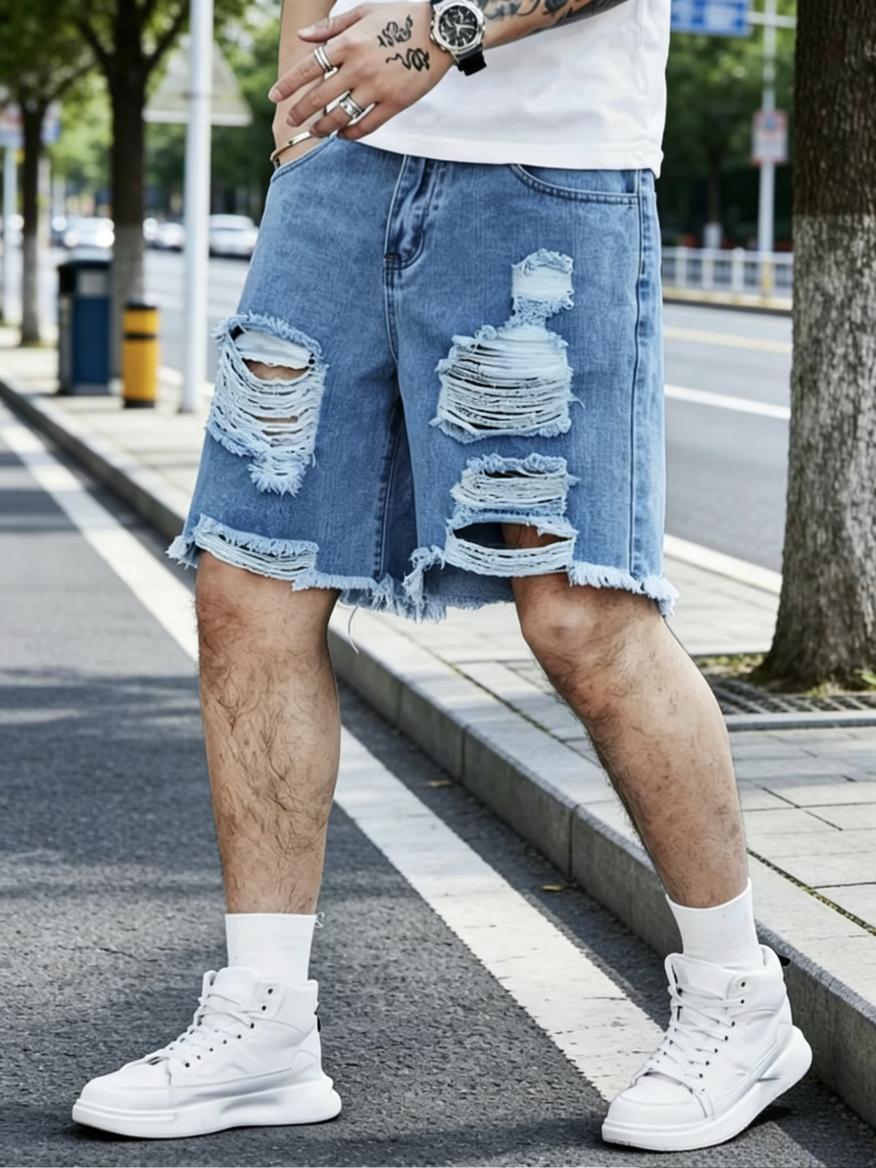破洞牛仔短裤男夏季薄款潮牌痞帅宽松五分裤2026新款毛边中裤男士