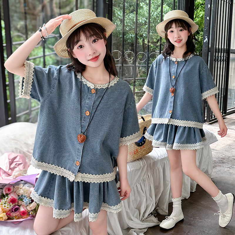 童装女童牛仔短袖半身裙套装2025夏季新款中大童时髦韩版两件套潮
