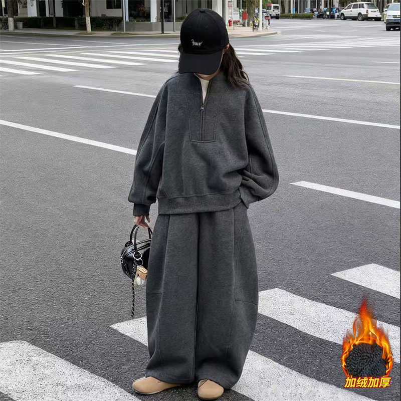 童装女童加绒加厚仿羊绒两件套2025秋冬新款中大童时髦宽松洋气潮