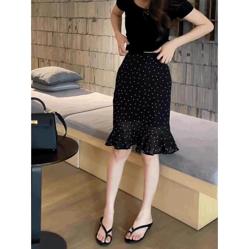 黑色波点半身裙女中裙2025夏季新款设计感高腰显瘦洋气减龄包臀裙