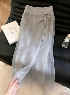 灰色系带网纱半身裙女2026年夏季流行新款时尚气质高腰显瘦中长裙