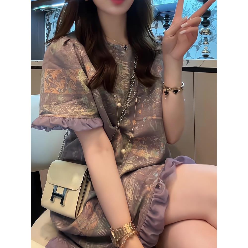 欧货重磅2025年夏季新款时尚紫色短袖连衣裙女装高级感穿搭漂亮