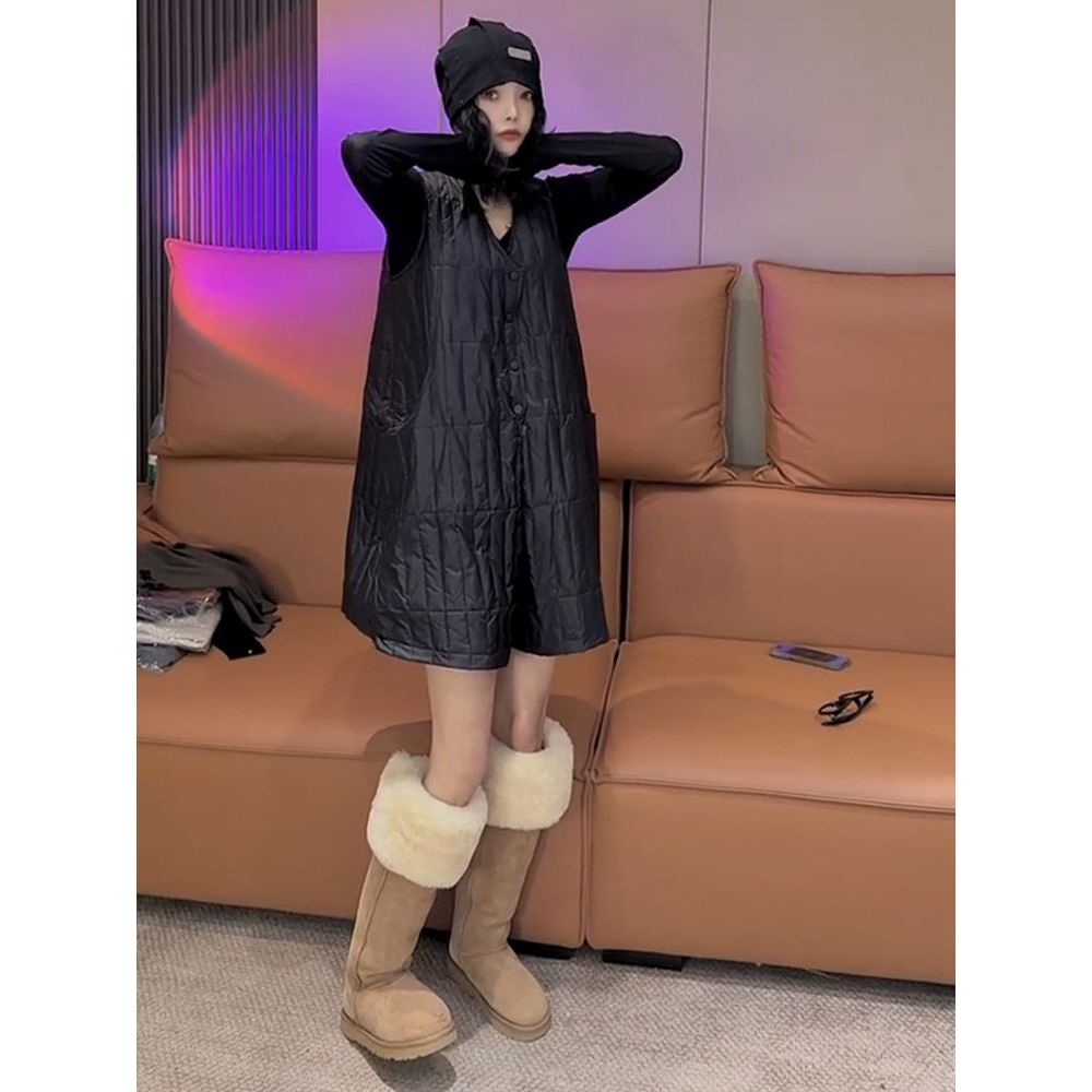 韩版显瘦V领纯色连体裤女欧洲站2025秋冬新款百搭休闲纯色五分裤