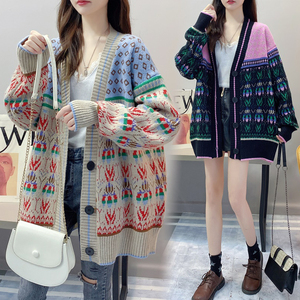 胖妹妹秋装新款大码女装宽松显瘦遮肚提花针织毛衣开衫外套200斤