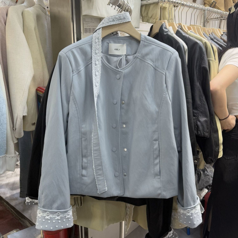 2025春季新款韩版蕾丝飘带拼接皮衣外套女显瘦单排扣百搭夹克上衣