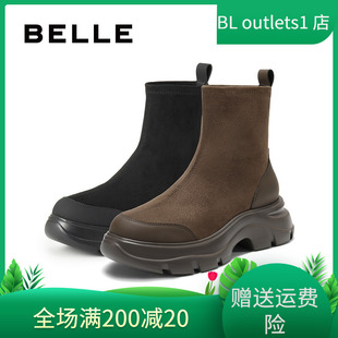 E4V2D 百丽弹力靴圆头绒面厚底套筒女靴E4V2 国内专柜正品 2025冬款