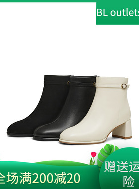 天美意复古粗跟时装靴皮靴女鞋高跟短靴瘦瘦靴2025冬新款BK032DD5