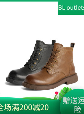百丽Belle女靴子24冬新款黑色真皮粗跟短筒美拉德马丁靴B2139DD4