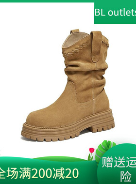 卢昱晓同款TATA他她靴子西部靴厚底堆堆靴复古中筒时装靴CHT01DS5