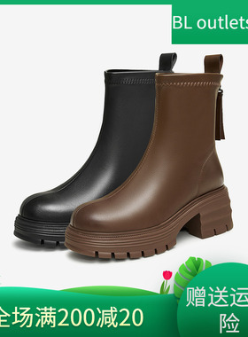 Tata他她粗跟弹力瘦瘦靴女靴子黑色休闲短靴2024冬季新款CFJ01DZ4