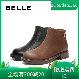 靴羊皮粗跟侧拉链女短靴E4Y1 百丽时装 E4Y1D 2025冬款 国内专柜正品