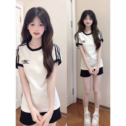 辣妹超短裤女2026新款夏季薄款三条杠短袖t恤休闲打底裤两件套装