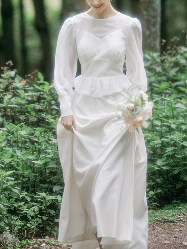 韩版简约长袖春秋迎宾轻婚纱旅拍草坪婚礼登记结婚领证轻纱连衣裙