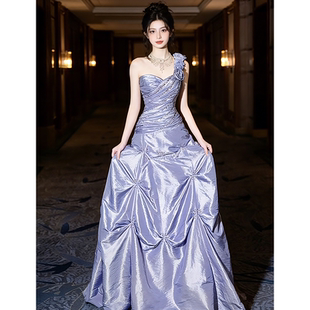 长裙 连衣裙新娘订婚年会高级感晚装 法式 复古紫色单肩礼服气质修身