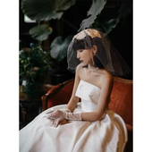 复古法式 铃兰小拖尾白色气质迎宾出门纱 缎面抹胸轻婚纱新娘新款