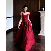 饰连衣裙新娘订婚结婚宴会敬酒服 晚礼服女花朵装 法式 复古红色长款