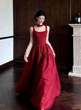 法式复古红色长款晚礼服女花朵装饰连衣裙新娘订婚结婚宴会敬酒服