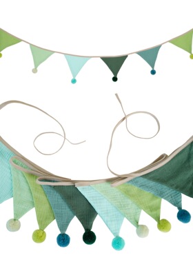 彩色棉布三角旗毛球&流苏蓝绿色系拉花 2.6米