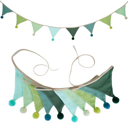 彩色棉布三角旗毛球&流苏蓝绿色系拉花 2.6米