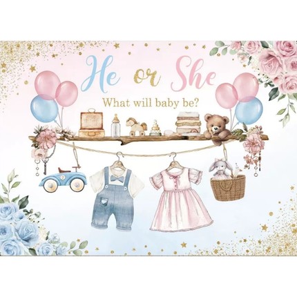HE OR SHE 宝宝性别揭示迎婴派对背景布 BABY SHOWER