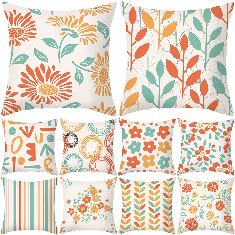 橙蓝色系小花纹抱枕套 舒适超柔短毛绒靠枕套 JZ