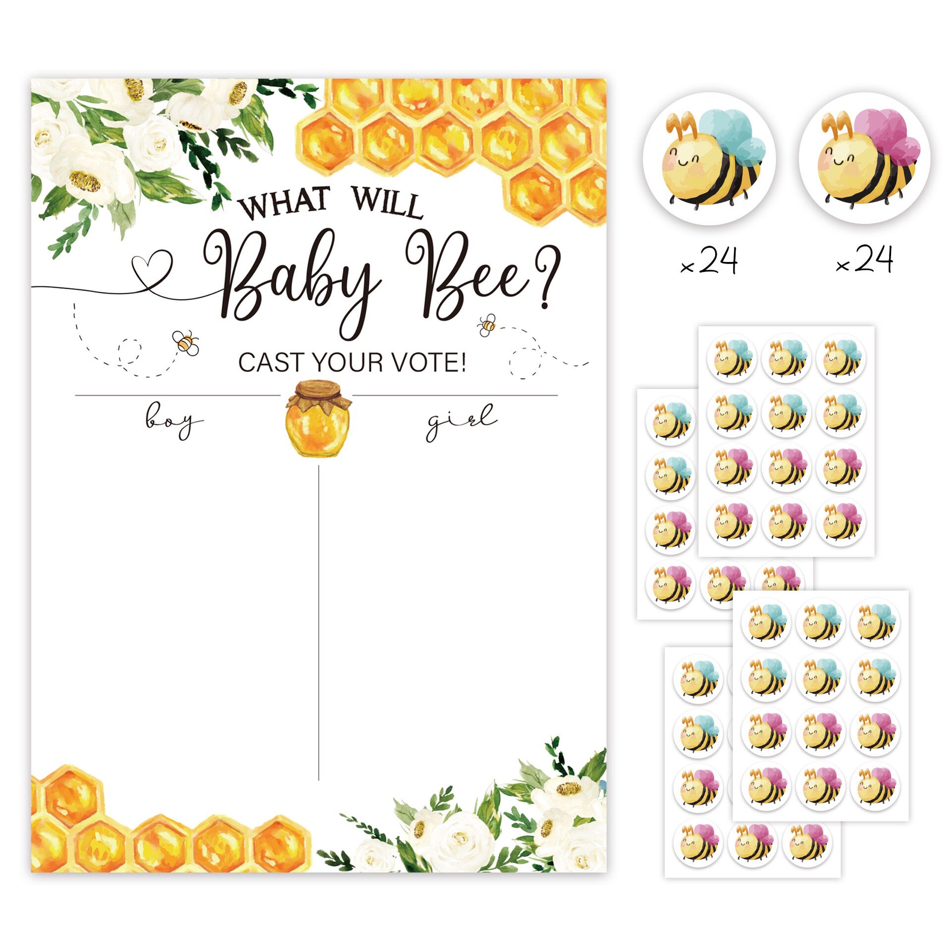 WHAT WILL BABY BEE 性别揭示派对蜜蜂投票贴纸海报 BABY SHOWER
