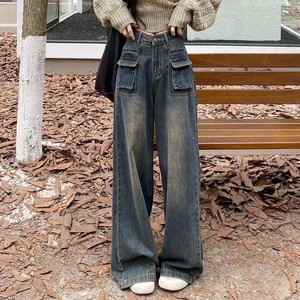 高腰牛仔工装裤子女秋季新款美式高街设计感宽松垂感直筒阔腿裤