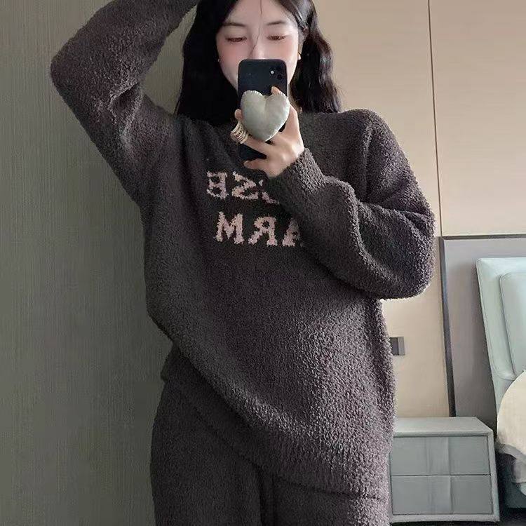 半边绒睡衣女冬季简约波斯灰撞色字母圆领套头加厚保暖家居服套装