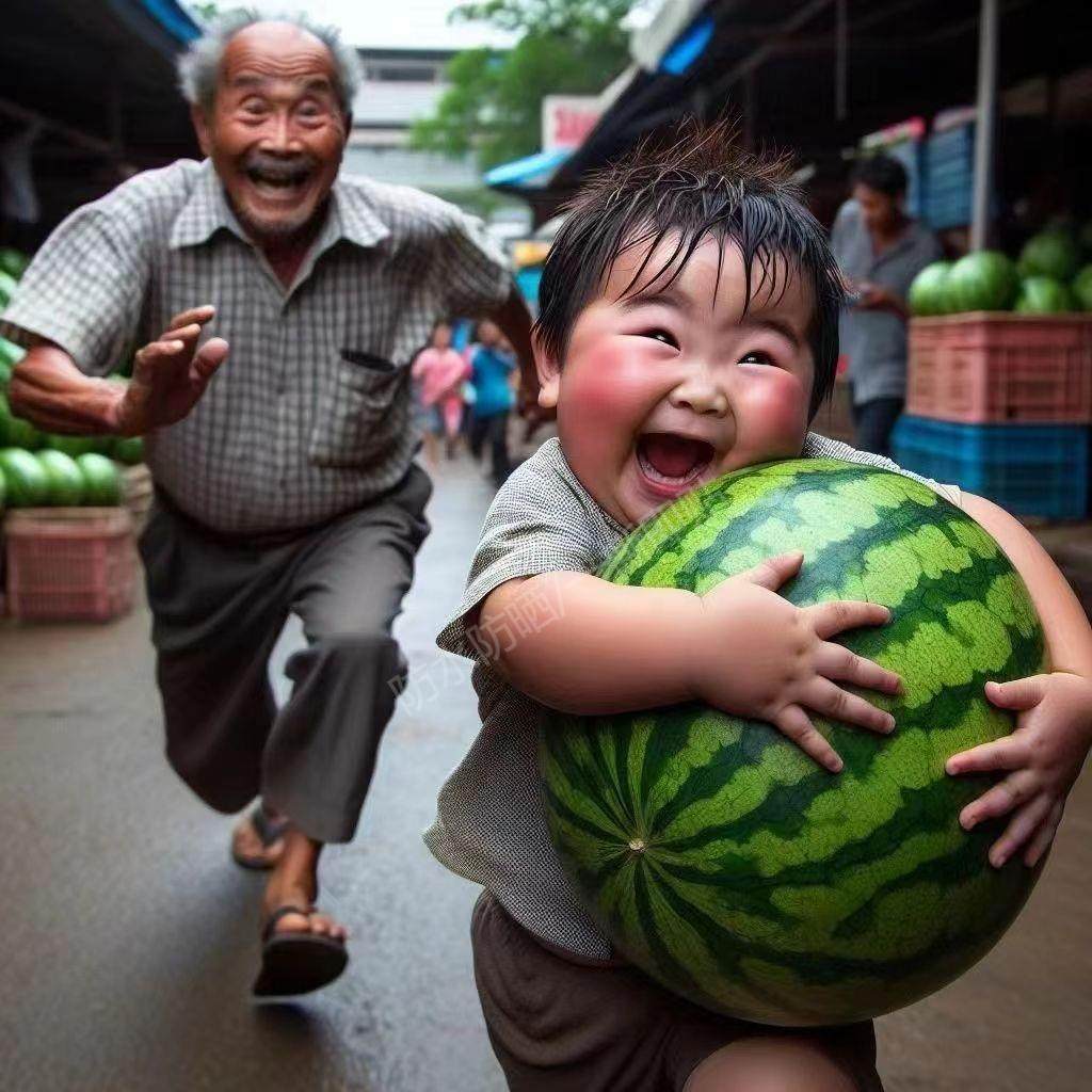 可爱搞笑萌宝宝抱西瓜奔跑海报贴画儿童房餐厅厨房防水装饰画