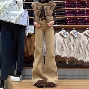 卡其色高腰微喇牛仔裤女2025秋冬加绒不贴腿高腰显瘦小个子喇叭裤