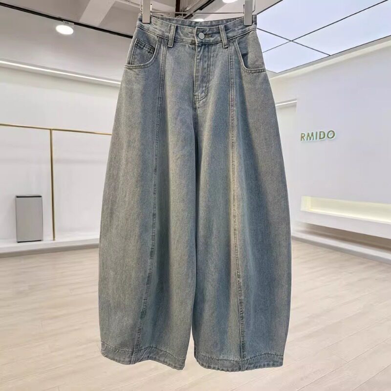 欧货松弛感百搭气球裤牛仔裤女2026新款休闲宽松阔腿弯刀长裤子
