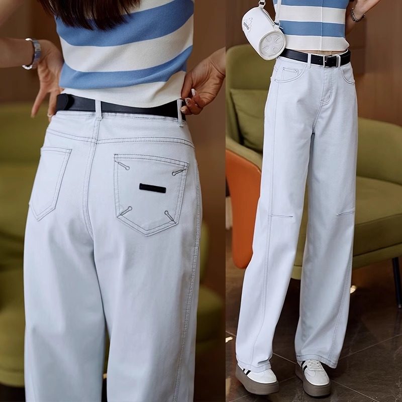 莫兰迪灰色弯刀牛仔裤女2025年新款夏季窄版直筒薄款阔腿香蕉裤子