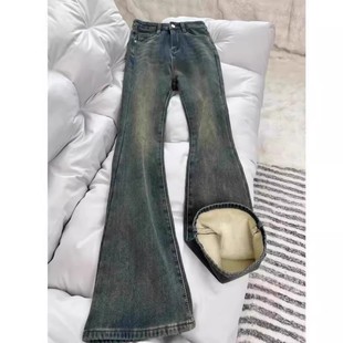 复古蓝加绒加厚微喇牛仔裤女秋冬大码胖mm高腰遮胯显瘦喇叭马蹄裤