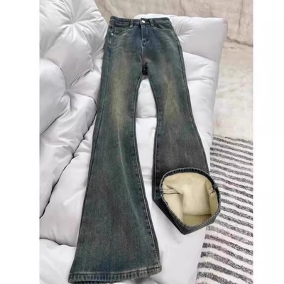 复古蓝加绒加厚微喇牛仔裤女秋冬大码胖mm高腰遮胯显瘦喇叭马蹄裤